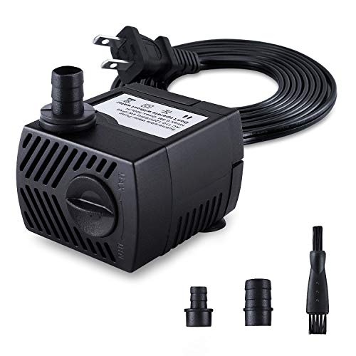 CWKJ Submersible Fountain Pump 80GPH, Durable Plastic, 7.2ft Cord, 3 Nozzles for Aquarium, Pond, Fish Tank, Hydroponics, Black