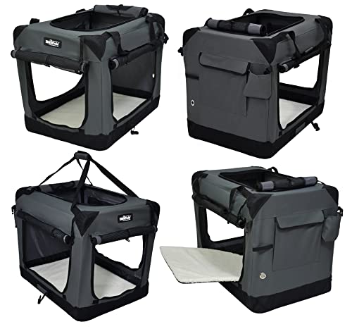 Elitefield 4-Door Folding Soft Dog Crate With Curtains, Carrying Bag And Fleece Bed (2 Year Warranty), Indoor & Outdoor Pet Home (30' L X 21' W X 24' H, Gray+4 Door Curtains)