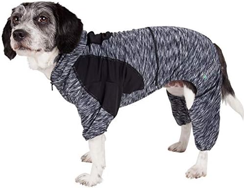 Pet Life  Active Downward Dog Heathered Performance 4Way Stretch Twotoned Full Body Warm Up Hoodie, Black  Large