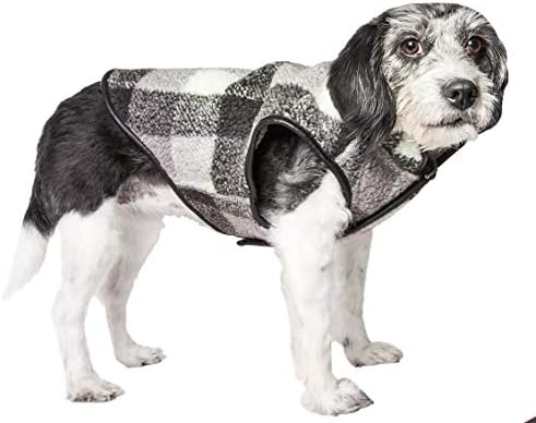 Pet Life  Black Boxer Classical Plaided Insulated Dog Coat Jacket, Black, Grey And White Plaid  Large