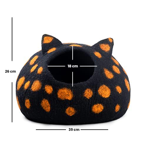 Woolygon Wool Cat Cave Bed - Handcrafted 100% Merino Wool, Eco-Friendly Felt Cat Cave For Indoor Cats And Kittens (Black Polka)