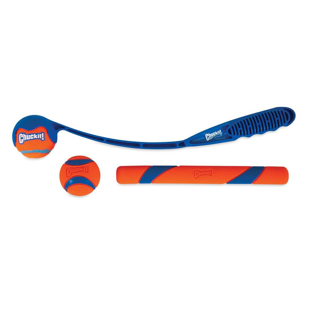 Chuckit! Fetch Pack - Dog Toys Indestructible Launcher, 18M, Tennis Ball & Ultra Rubber Ball Fetch Stick, Orange And Blue