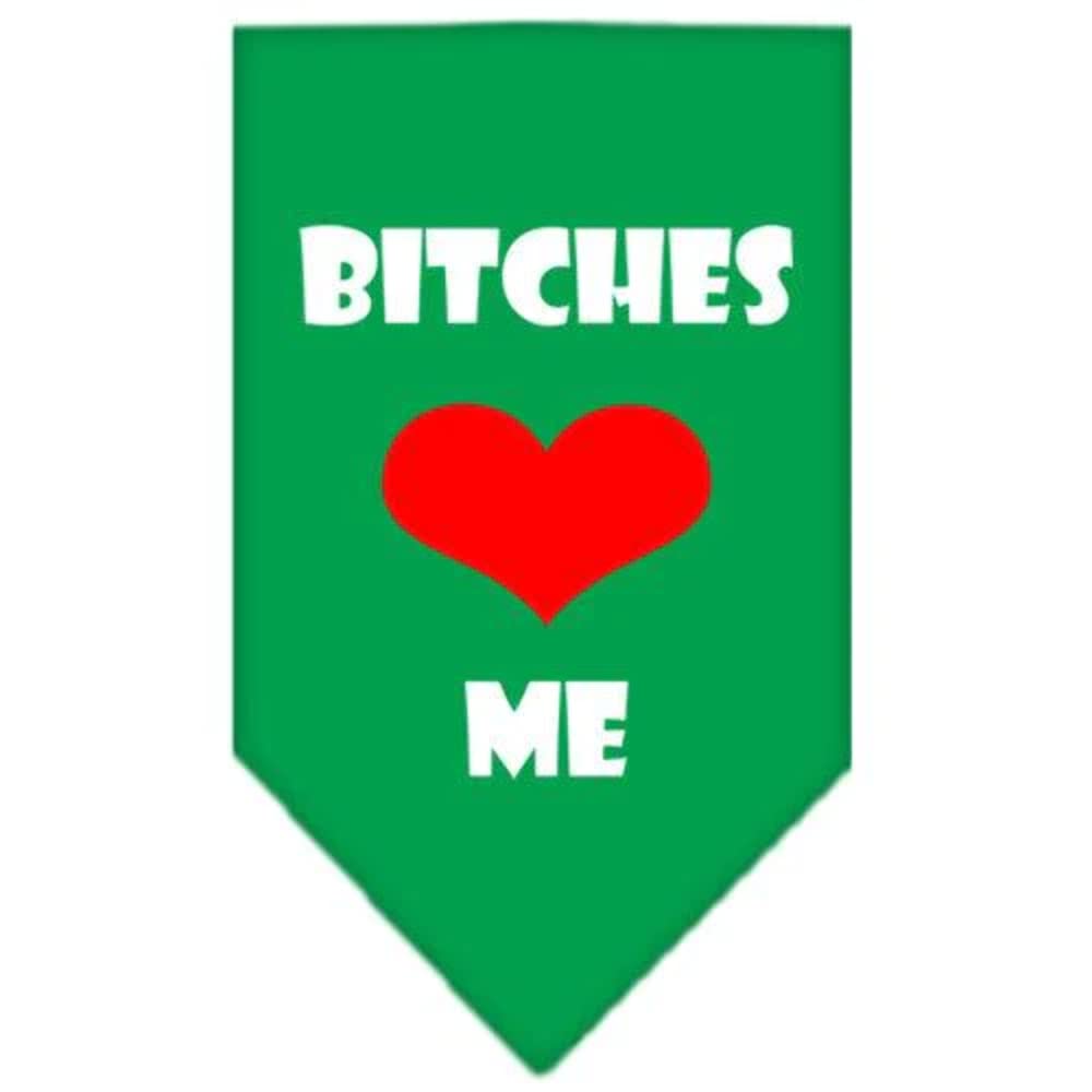 Pet and Dog Bandana Screen Printed, &quot;Bitches Love Me&quot; Emerald Green Small