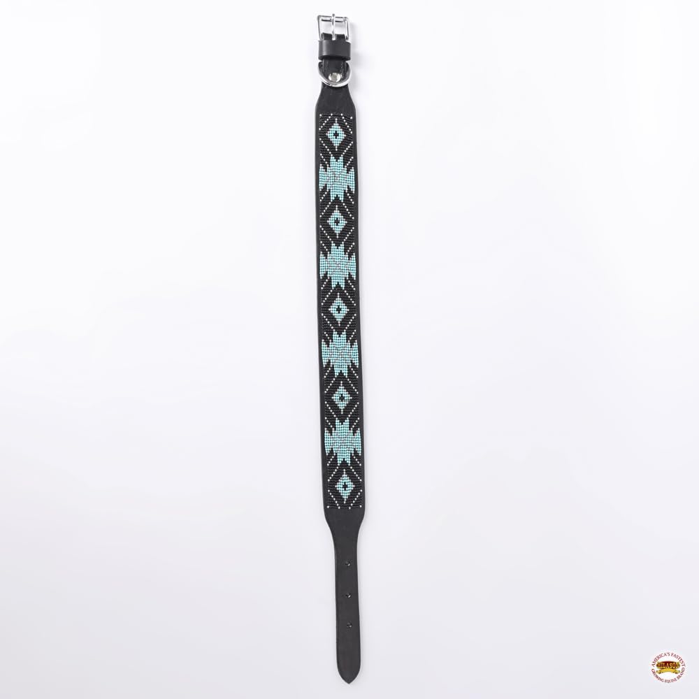 Hilason Black/Turquoise 16 In Western Style Heavy Duty Beaded American Leather Pet Dog Collar| Comfortable Dog Collar