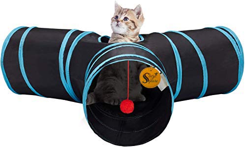 Sage Square Jumbo Collapsible Portable Sleeping Bag Exercise 3 Way Tunnel With Hanging Ball For Cat/Kitten/Puppy/Dog (Blue)