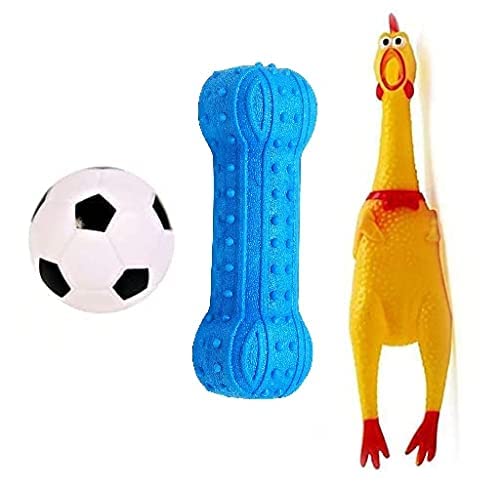 Woofy Dog Chew Toys Combo For Puppies & Small Dogs  Rubber Football, Silicone Dumbbell & Squeaky Chicken | Teething, Training &