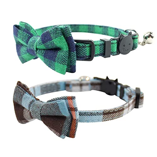 Cat Collar Breakaway With Bell And Bow Tie, Plaid Design Adjustable Safety Kitty Kitten Collars Set Of 2 Pcs (6.8-10.8In) (Green&Light Blue Brown)