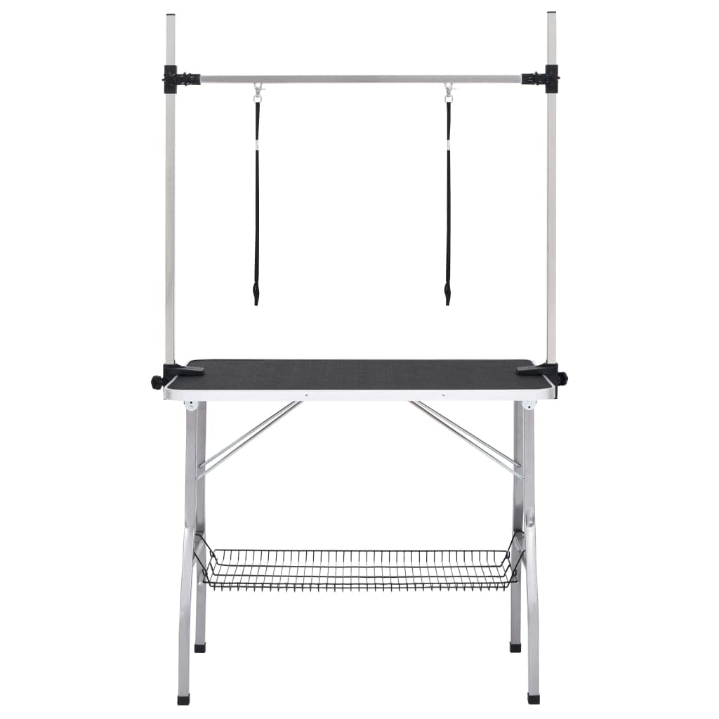 vidaXL Adjustable Dog Grooming Table with Stainless Steel Arm, Non-Slip Surface, Storage Basket and 2 Matching Loops, Foldable Design for Easy Storage