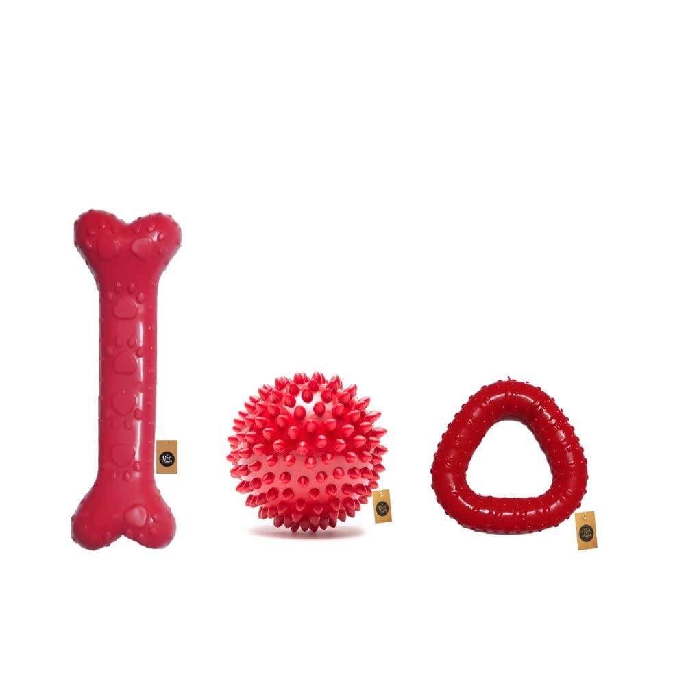 The Pets Company Rubber Dog Chew Toy Combo (Dog Bone 6Inch + Dog Spike Ball 3Inch+ Triangle Dog Toy 5Inch) | Teething Toys For Puppies &
