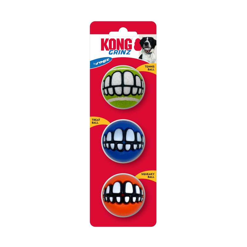 Kong Grinz By Rogz Variety Packs - Durable Bouncy Balls With Grinz Teeth (Small 3 Pack)