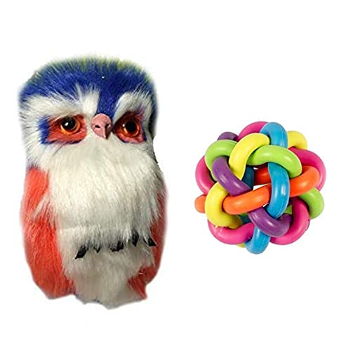Dog Trust Real Fur Owl Cat Toy And One Colorful Squeaky Rainbow Rubber And Latex Woven Balls With Inner Bell Ideal For Playing C