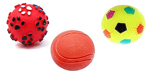 Furry Critters Dog Ball and Squeaky Toys 3 in 1 Combo for Dogs Puppy Cats (paw Print+Hard Rubber Ball+LED Ball (Color May Very)