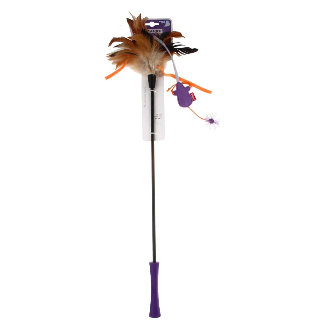 Gigwi Feather Teaser Cat Wand, Comfortable Soft Tpr Handle For Easy Play, Natural Bird Feathers Entices Cats To Pounce & Chase,