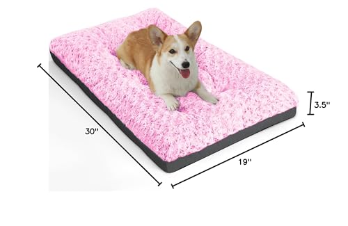 Pocblue Deluxe Washable Dog Bed For Medium Dogs Dog Crate Mat 30 Inch Comfy Fluffy Kennel Pad Anti-Slip For Dogs Up To 40 Lbs, 30' X 19', Pink