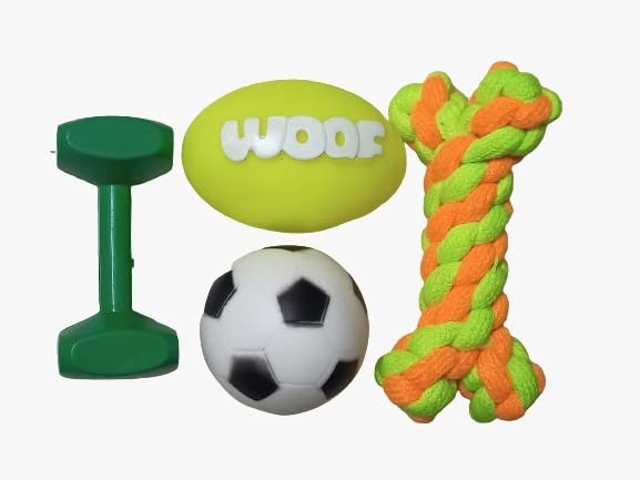 PSK PET MART Puppy and Dogs Chew Rope Squeaky Teething Toys | Dummy | Plastic Dumbbell | Woof Rugby Ball | Squeaky Football, Com