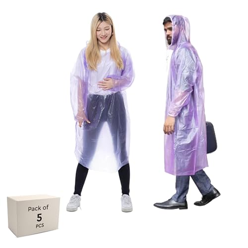 Robustt Poncho Raincoat For Men And Women  Purple (Pack Of 5) | Emergency Raincoat With Hood | One Size Fits All | Rain And Wat