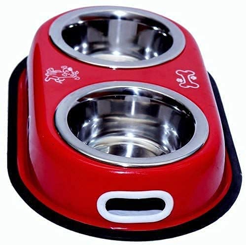 Chumspet Heavy Duty Round Shape Double Bowl Stainless Steel Dinner Food Bowls With AntiSlip Mat Ideal For Home Feeding Food Dog