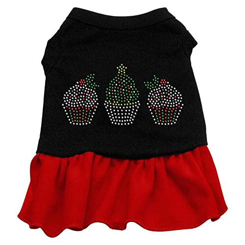 Christmas Pet Dog & Cat Dress Rhinestone, Christmas Cupcakes Black W/Light Pink XS (0-3 lbs.)