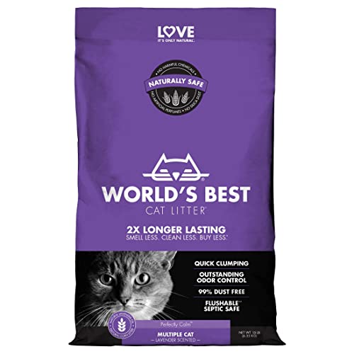 World'S Best Cat Litter Multiple Cat Lavender Scented 15-Pounds - Natural Ingredients, Quick Clumping, Flushable, 99% Dust Free & Made In Usa - Calming Fragrance & Long-Lasting Odor Control