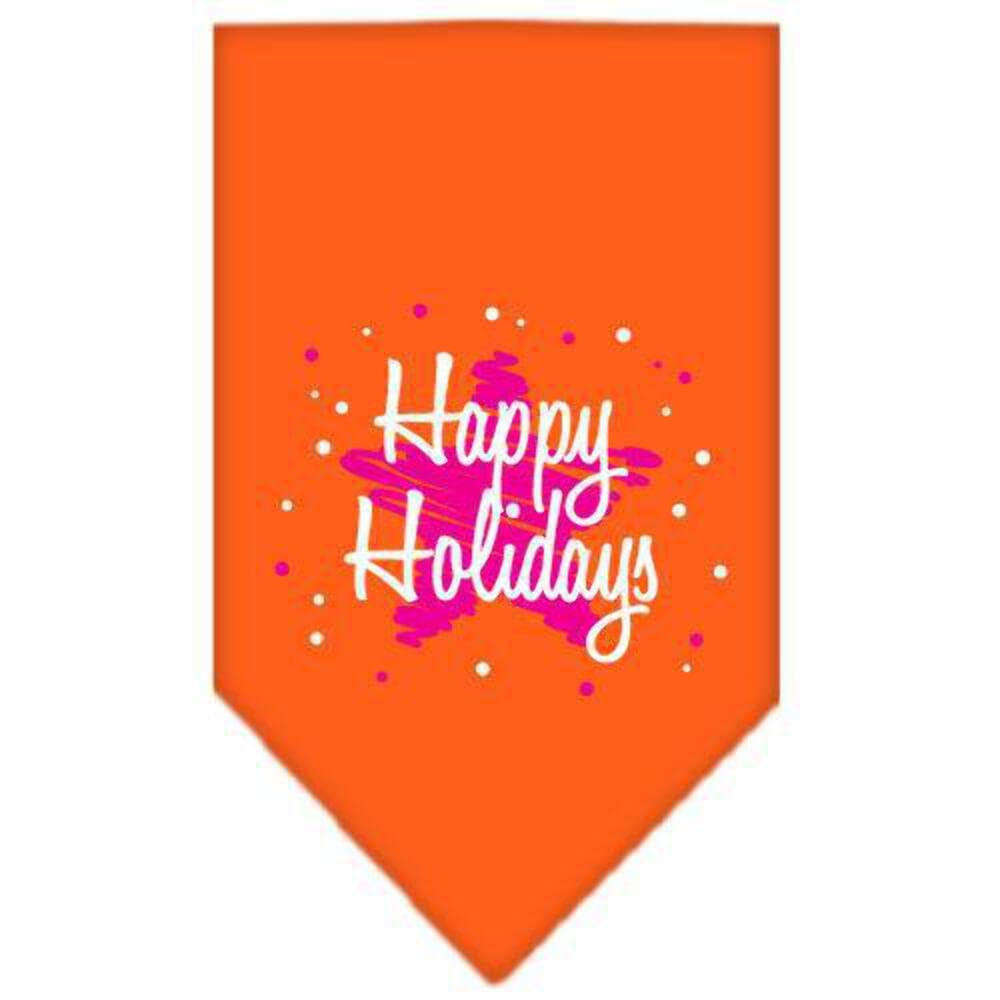 Christmas Pet and Dog Bandana Screen Printed, &quot;Scribble Happy Holidays&quot; Orange Small