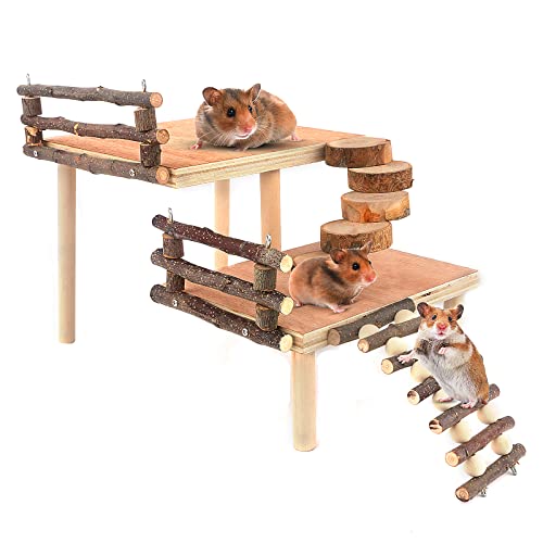 Hamster Climbing Toys Wooden Two-Tier Hamster Playground Activity Platform With Bridge Apple Wood Chewing Toys For Small Pets (L