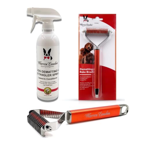 Warren London Dog Dematting And Detangler Spray Bundle With Rake Brush | Groomer Formulated Detangling Spray For Dogs W Aloe Vera & Jojoba Oil | Made In Usa | 16Oz W/Rake Brush