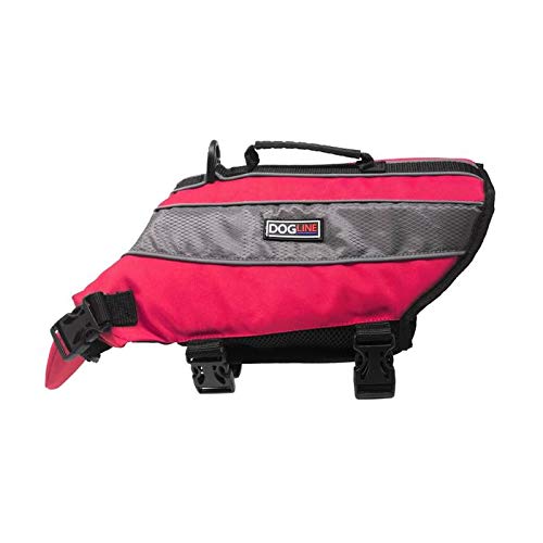 Dogline Dog Life Jacket – Dog Life Vest For Swimming And Boating In Hi-Viz Colors With Reflective Strips Mesh Underbelly For Draining And Drying And Top Carry Handle 22 To 28' Girth Neon Pink