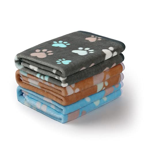 Luciphia 1 Pack 3 Blankets Fluffy Premium Fleece Pet Blanket Flannel Paw Printed Throw For Dog Cat(Medium 30X20'', Grey/Brown/Bl