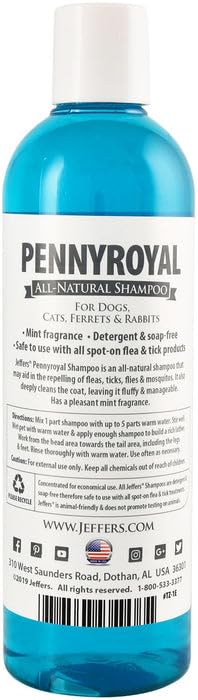 Jeffers Pet Pennyroyal Natural Shampoo For Dogs & Cats, Rabbits & Ferrets - Soap Free & Detergent Free, Fresh Mint Scent, Deep C