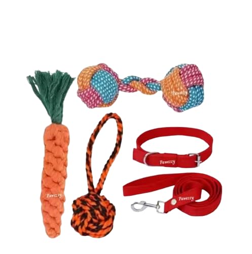 XAVTRA Pawzzy Dog Toy & Walking Combo Set of 5 Rope Chew Toys Carrot Plush Toy Ball Rope Dog Collar Durable Pet Training Set for