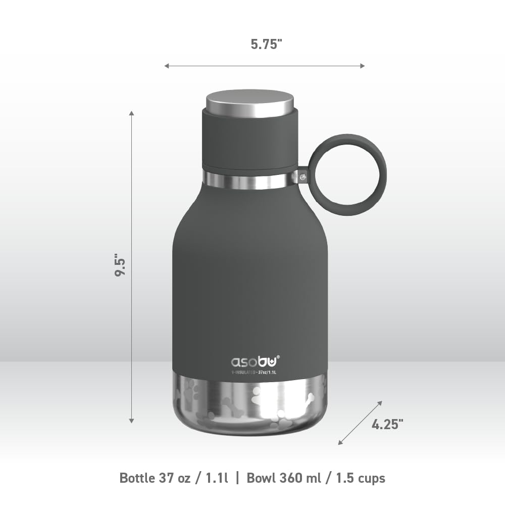 Asobu Dog Bowl Attached To Stainless Steel Insulated Travel Bottle For Human 37Oz/1.1 Liter With Detachable Dog Bowl (Smoke)