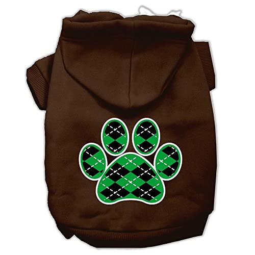 Pet Dog & Cat Hoodie Screen Printed, 'Green Argyle Paw' Brown Xl (14-20 Lbs.)