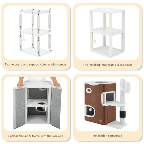 YIATHOME 2-Tier Cat House, Cat Beds for Indoor Cats, Small Cat Condo with Highway Cave, Scratch & Itching Post, Clmibing Stand,