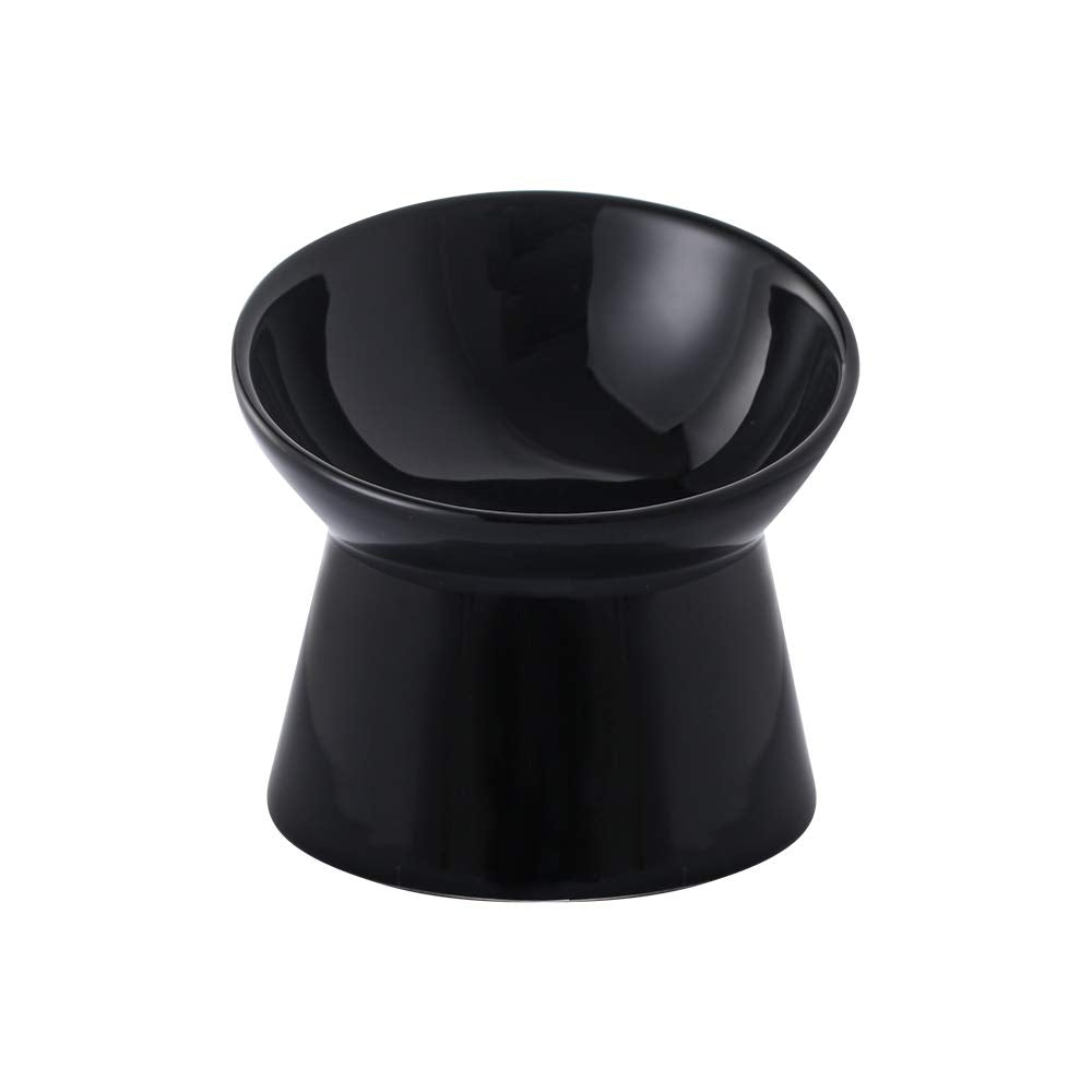 Black Small Ceramic Raised Cat Bowls, Tilted Elevated Food or Water Bowls, Stress Free, Backflow Prevention, Dishwasher and Micr