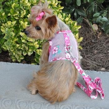 Cool Mesh Dog Harness - Dog Vest For Pets, Simple Step In And Go Design, Harness For Dogs With Leash, Hawaiian Hibiscus Pink, Sm