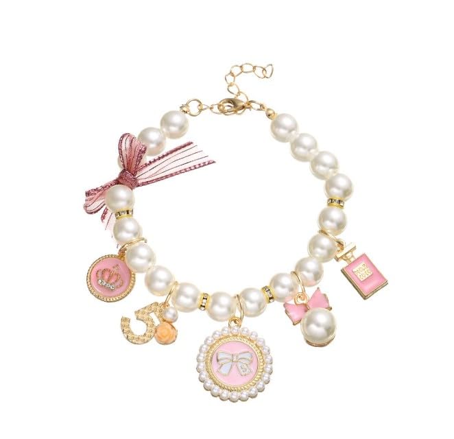 Pink Dog Pearl Collars Pet Pearl Necklace Dog Princess Bow Necklace Sweet Bow Cute Collar Puppy Accessories Cat Jewelry Pearl Ne