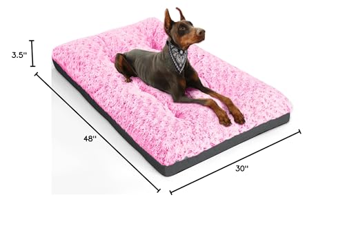 Pocblue Deluxe Washable Xxl Dog Bed Dog Crate Mat 48 Inch Comfy Fluffy Kennel Pad Anti-Slip For Dogs Up To 110 Lbs, 48' X 30', Pink