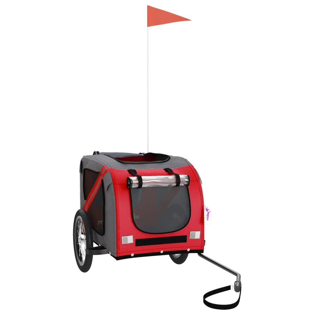 vidaXL Pet Bike Trailer for Small Dogs - Red/Gray Oxford Fabric Bicycle Pet Carrier with Iron Frame, Mesh Windows, Zippered Doors, Safety Flag, and Reflectors - Comfortable and Secure Pet Transport