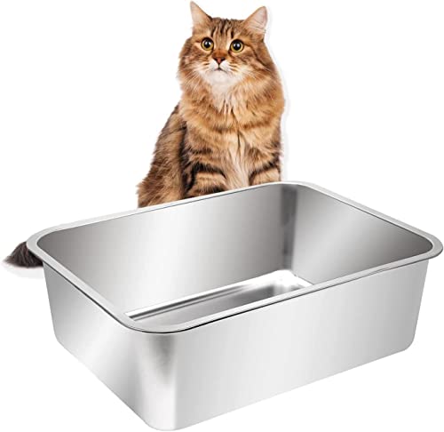Kichwit Large Stainless Steel Cat Litter Box With High Sides, Metal Litter Pan For Big Cats, Non Stick Smooth Surface, Easy To Clean (23.4' L X 15.5' W X 7.6' H)