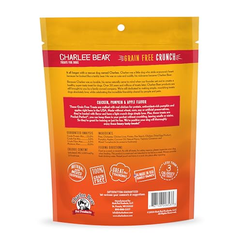 Charlee Bear Crunch Grain Free Dog Treats, Chicken, Pumpkin and Apple, 2 Ounce Resealable Bag, Low Calorie Training Treats for D