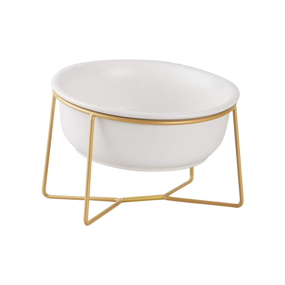 White Large Ceramic Tilted Elevated Cat Dog Bowl Raised Cat Food Water Bowl Dish Pet Comfort Feeding Bowls with Gold Iron Stand