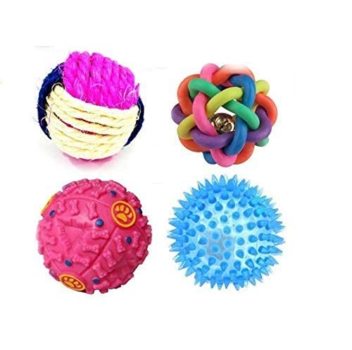 Dog Trust Dog Ball Combo  4 Toys Rainbow Ball, Led Ball, Sound Food Dispenser Ball And Sisal Dog Chew Toy
