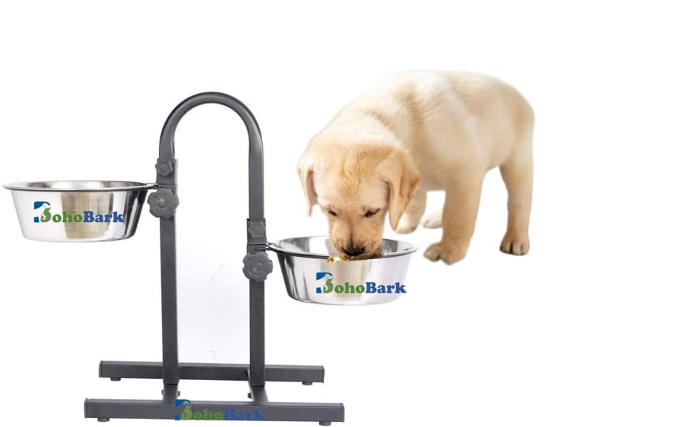 Bohobark Dog Feeding Bowl With Adjustable Stand, U Type Elevated Double Diner Set Of 2 Steel Bowl With Stand 1600 Ml X 2 Bowls