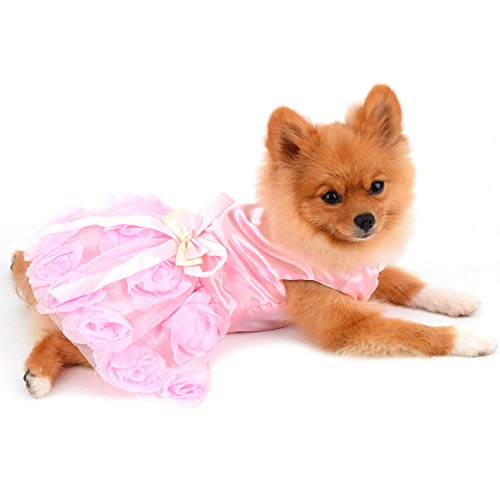Paideful Pet Dress For Small Dog Girls Luxury Puppy Wedding Dress Rose Flower Lace Tutu Skirt Silky Bow Birthday Party Dog Clothes,Pink,Size Xs