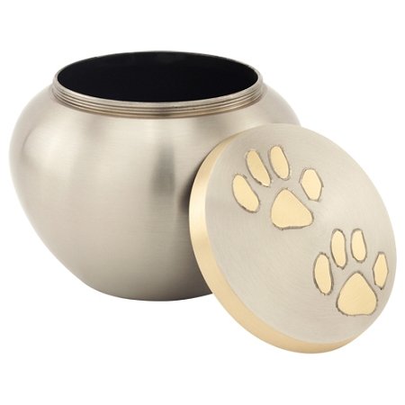 Paw Print Round Pet Cremation Urn For Ashes In Pewter Large, Brass, Silver Urn, Dog Urn, Cat Urn, Large Sized Pet Urn, 4.75 Inches High
