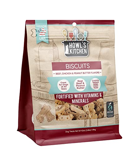 Howls Kitchen Biscuits, 12 oz Bag, 1 Count, Beef, Chicken and Peanut Butter Mix, Rawhide Free, All Natural Chewy Dog Treats, fo