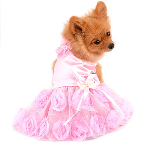 Paideful Pet Dress For Small Dog Girls Luxury Puppy Wedding Dress Rose Flower Lace Tutu Skirt Silky Bow Birthday Party Dog Clothes,Pink,Size Xs