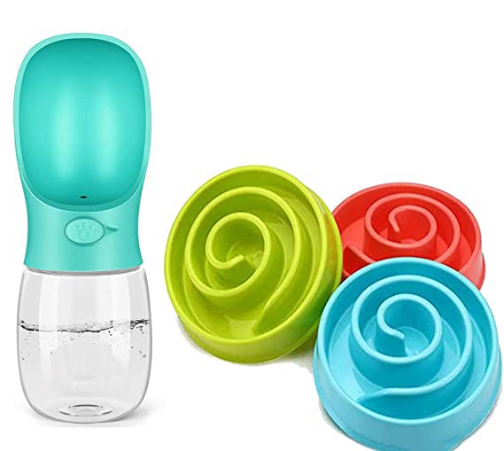 Pups&Pets Slow Feeder Dog Bowl And Walking Water Bottle For Dogs And Puppies (Color May Vary)