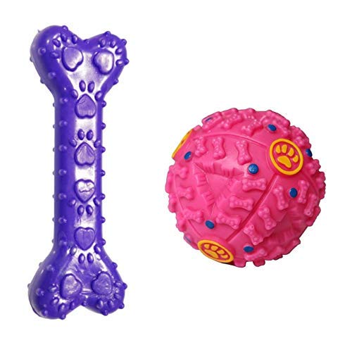 Woofy Dog Rubber Chew Toy Combo (Food Dispenser Ball With Quack Sound + Scented Paw Rubber Bone ToyColor May Vary, Pack Of 2)