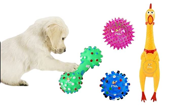 PSK PET MART Dog and Cat Squeaky Toys Combo of 4 Small Chiken + Corona doumbell+ Led Ball + Corona Ball Combo of 4 / Squeaky Toy